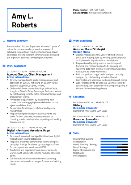 Account Supervisor at Marketsmith	Resume Sample