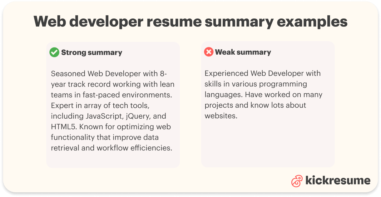 Web developer resume summary examples